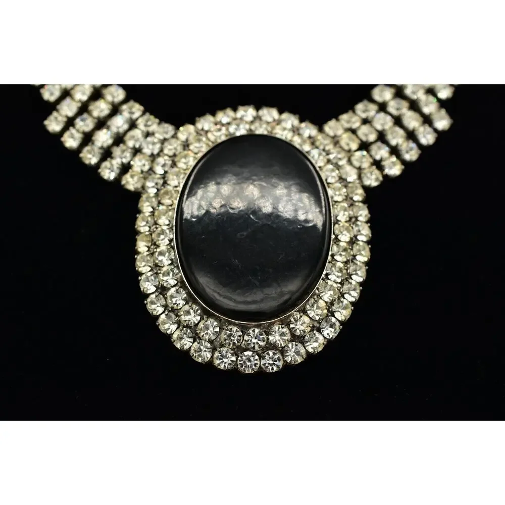 Vintage Crystal Collar Bib Necklace Prong Rhinestone Black Antiqued 1950s BinBJ
